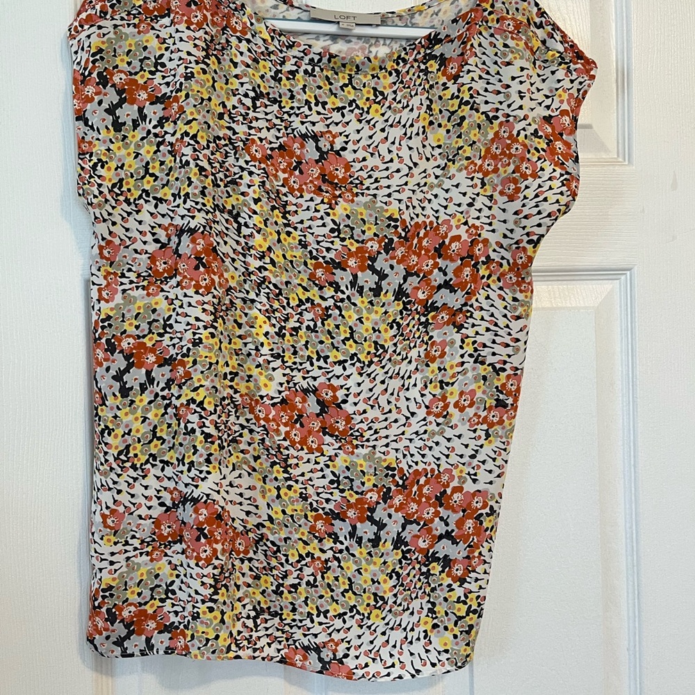 Loft floral top. Navy pink peach and yellow.